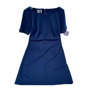 NWT Muse Navy Cocktail Dress With Jeweled Sleeves